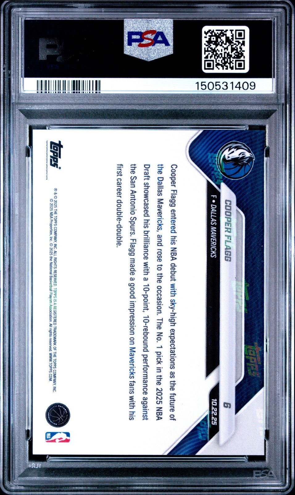 Graded 2025 Topps Now Cooper Flagg #6 Rookie RC Card PSA 10 Gem Mint