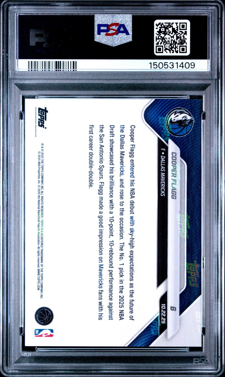 Graded 2025 Topps Now Cooper Flagg #6 Rookie RC Card PSA 10 Gem Mint