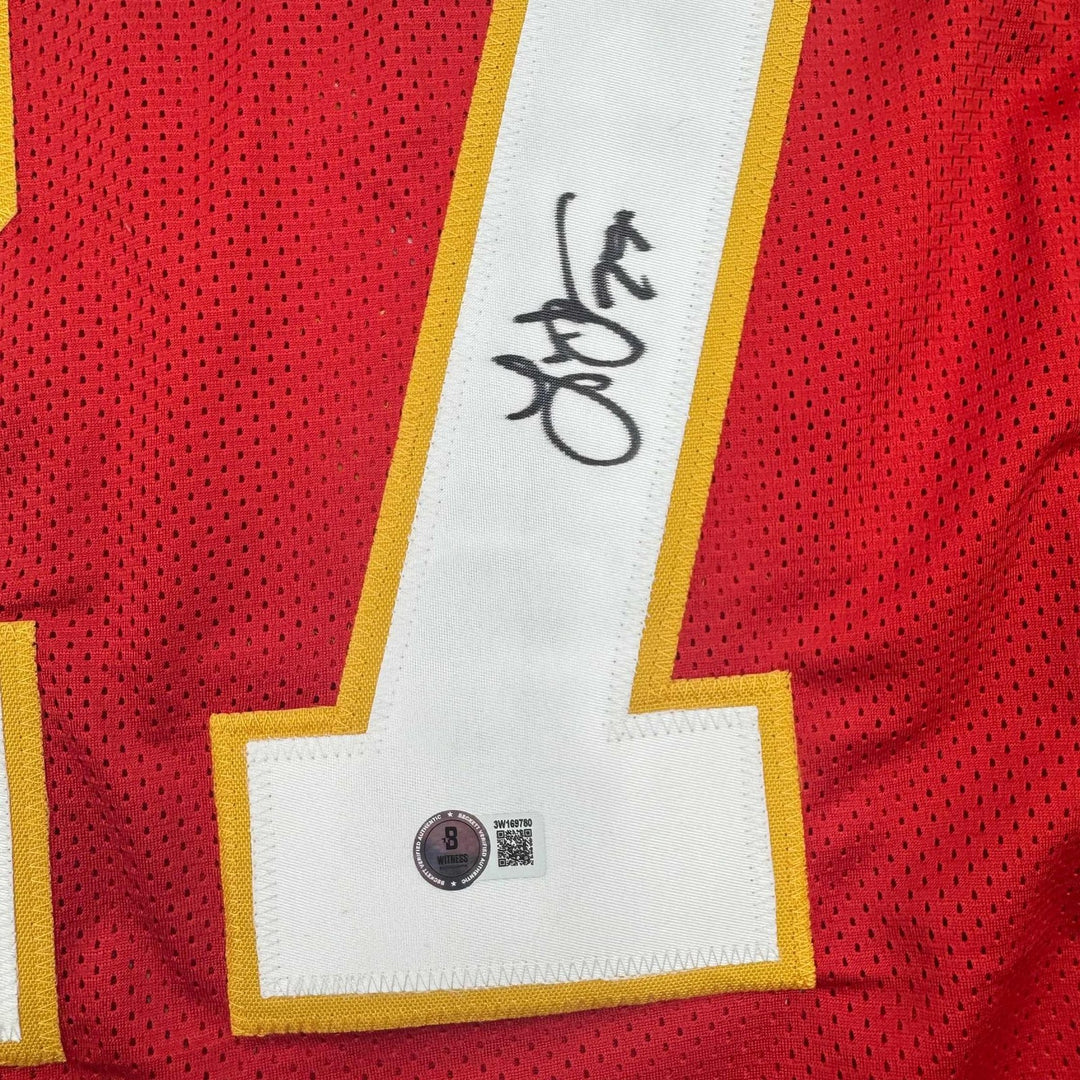 Autographed/Signed Larry Johnson Kansas City Red Jersey Beckett BAS COA