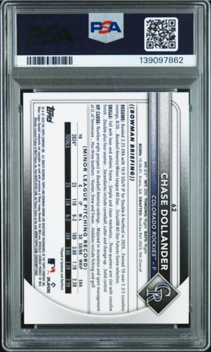 Graded 2025 Bowman Chrome Chase Dollander #62 Orange /25 RC Baseball Card PSA 10