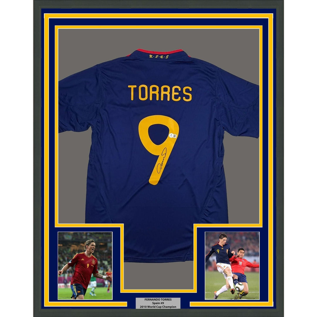 Framed Autographed/Signed Fernando Torres 35x39 Spain Blue Jersey BAS COA