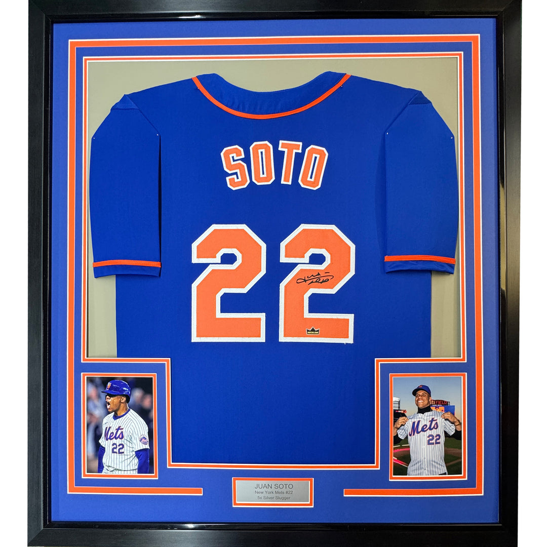 Framed Facsimile Autographed Juan Soto 35x39 New York Blue Reprint Auto Jersey