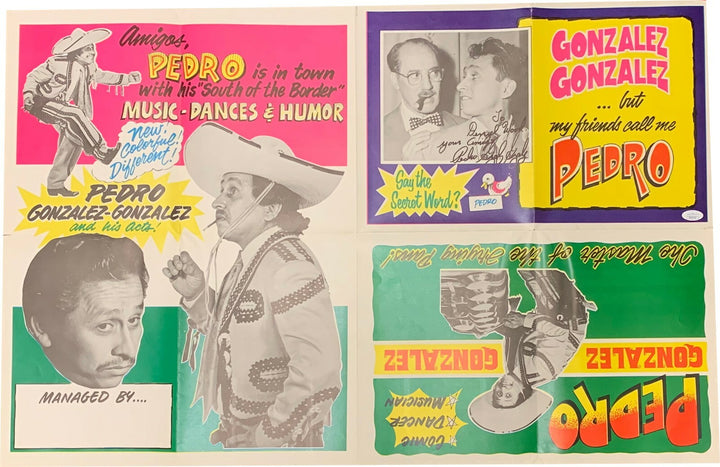 Pedro Gonzalez Gonzalez signed 34x22 Vintage Poster Folded To Derryl- JSA