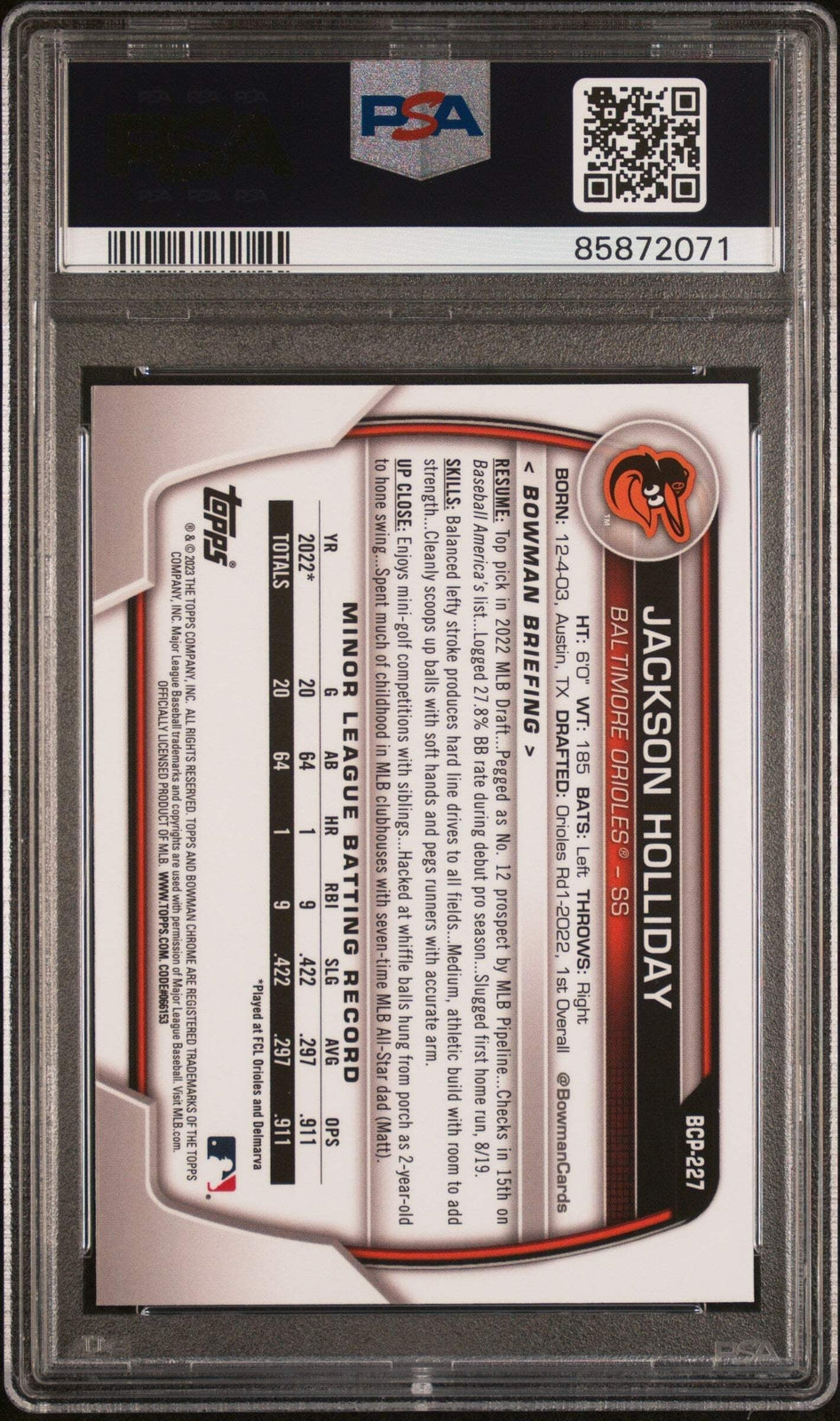 Graded 2023 Bowman Chrome Sapphire Jackson Holliday #227 Prospects Card PSA 10