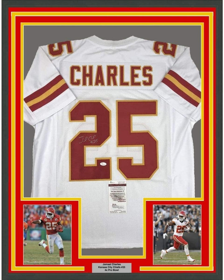 Framed Signed Jamaal Charles 35x39 Kansas City White Jersey JSA COA