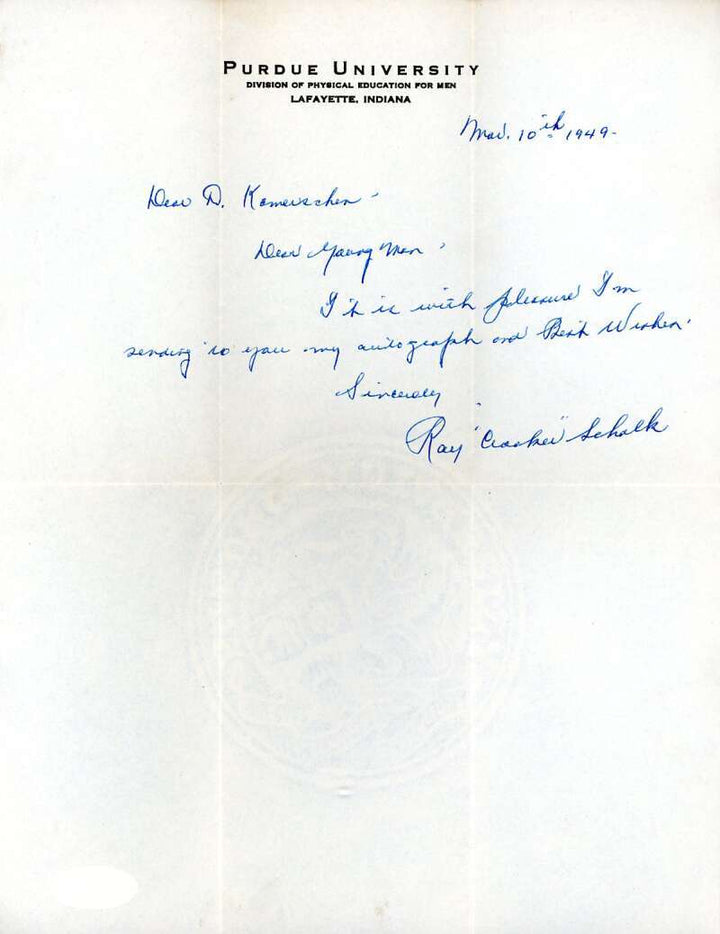 Ray Schalk JSA Coa Signed 1949 Purdue Personal Letter Autograph