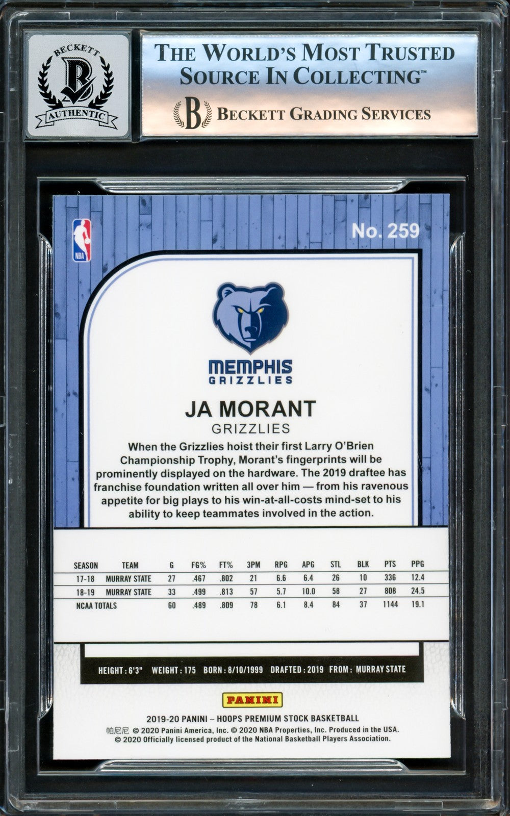 Ja Morant Auto 2019-20 Panini Hoops Premium Stock RC 259 Sig 10 Beckett