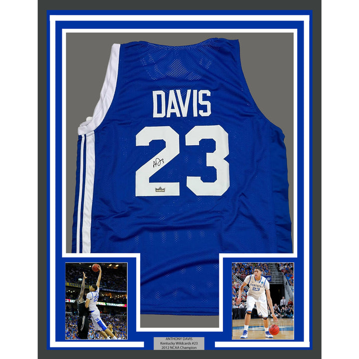 Framed Facsimile Autographed Anthony Davis 35x39 Kentucky Blue Reprint Jersey
