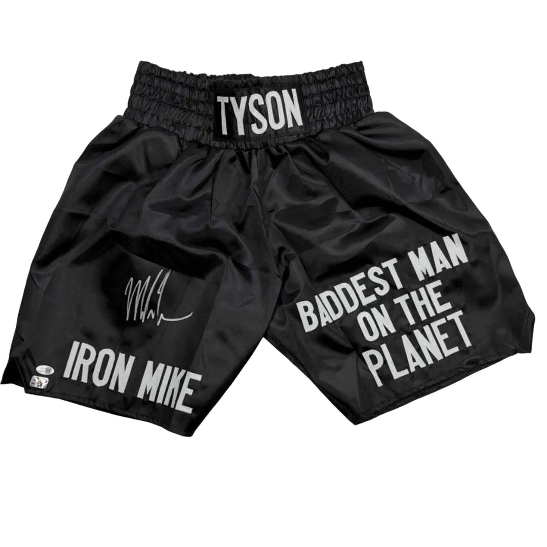 Autographed/Signed Mike Tyson Iron Mike Baddest Man Black Boxing Trunks JSA COA