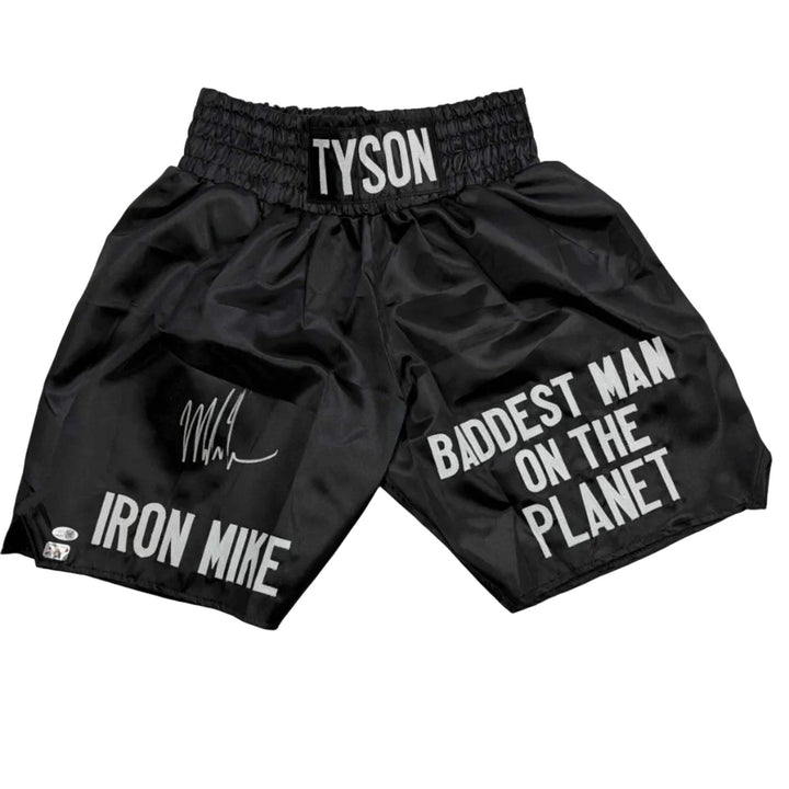 Autographed/Signed Mike Tyson Iron Mike Baddest Man Black Boxing Trunks JSA COA