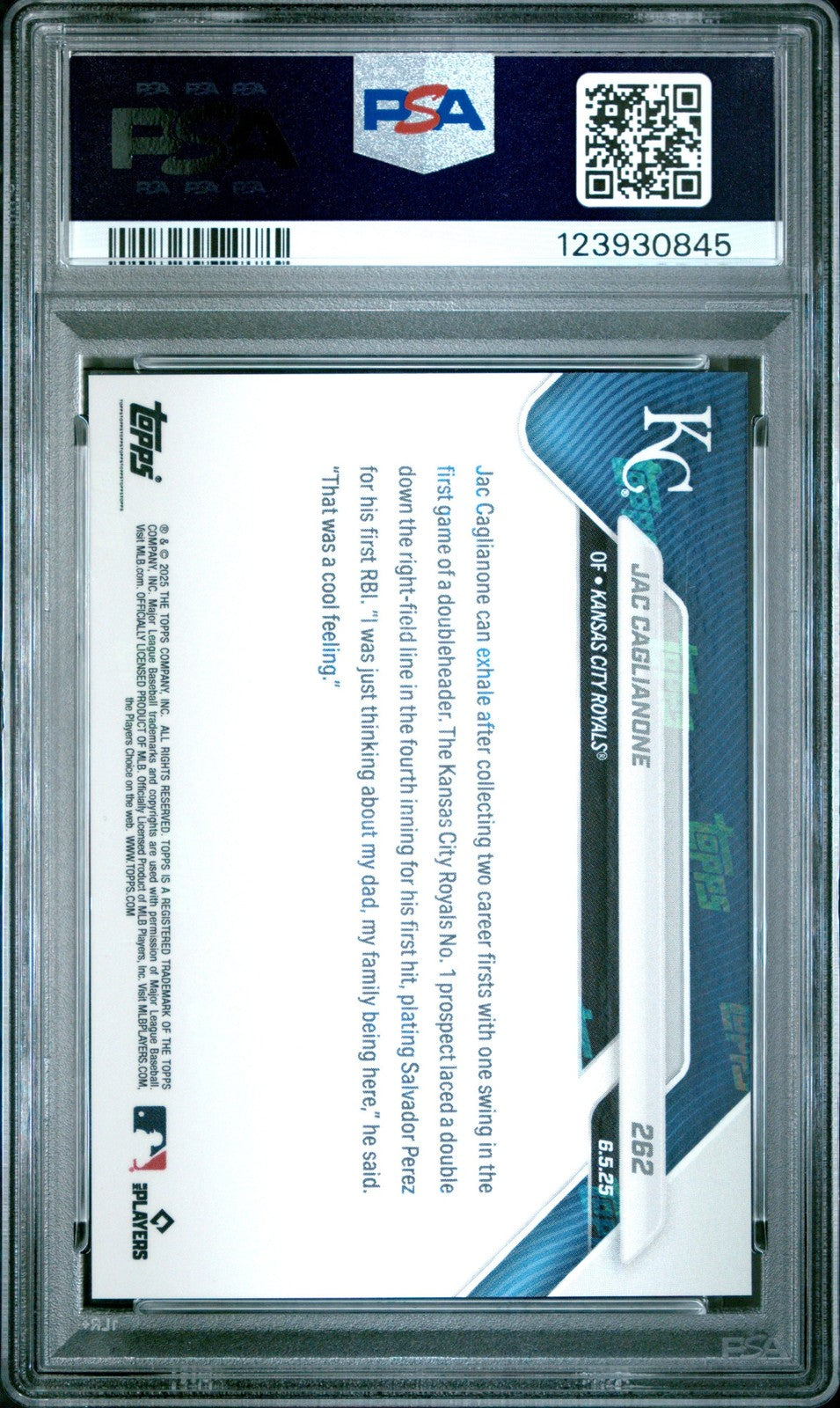 Graded 2025 Topps Now Jac Caglianone #262 Rookie Card PSA 10 Gem Mint
