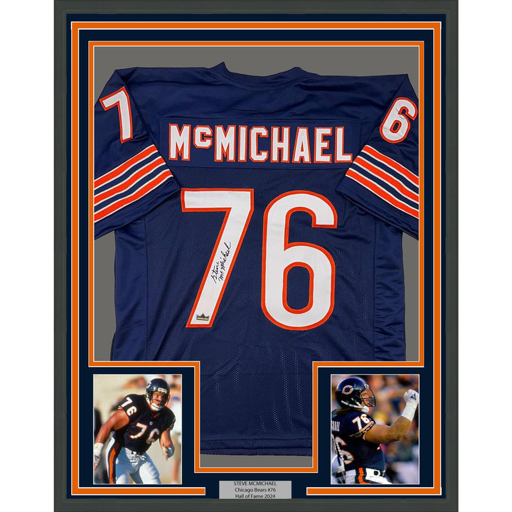 Framed Facsimile Autographed Steve McMichael 35x39 Chicago Blue Reprint Jersey