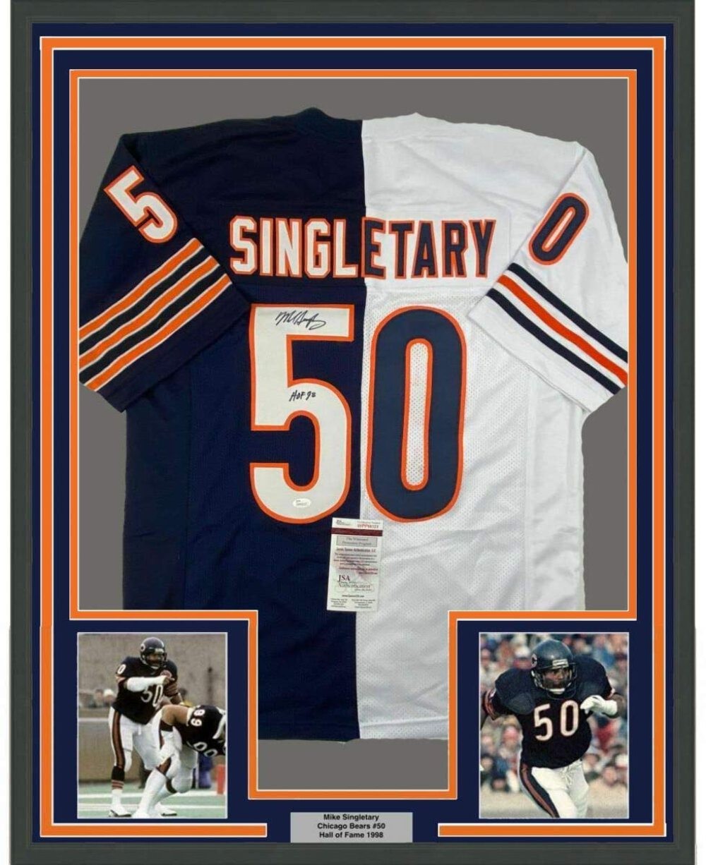 FRAMED Autographed/Signed MIKE SINGLETARY HOF 33x42 Chicago Split Jersey JSA COA