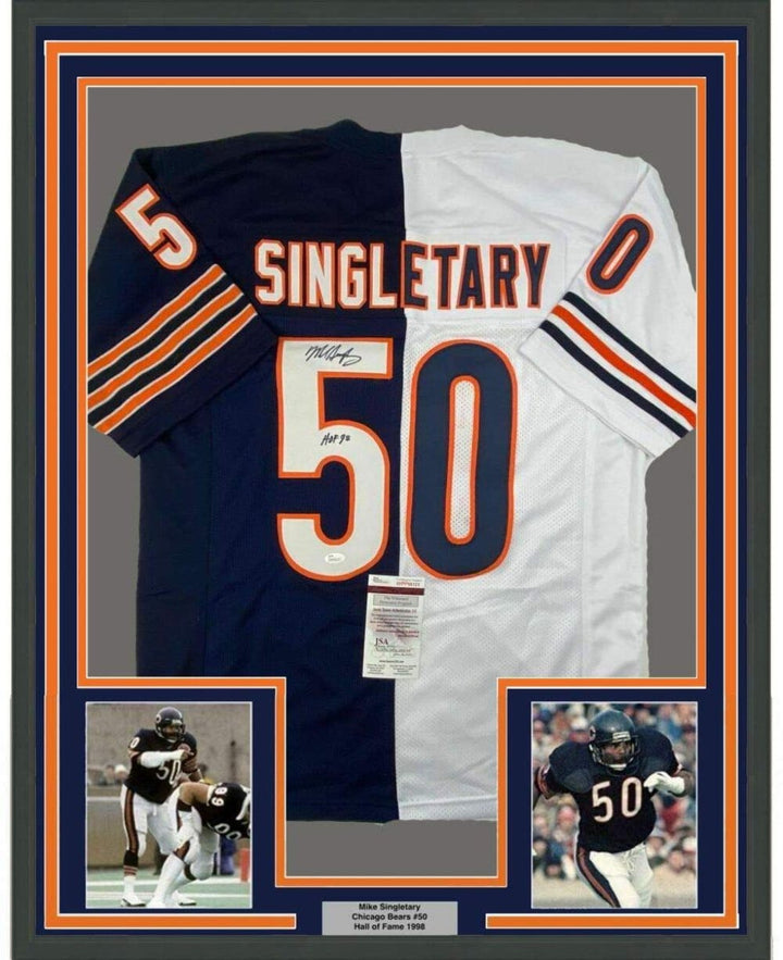 FRAMED Autographed/Signed MIKE SINGLETARY HOF 33x42 Chicago Split Jersey JSA COA