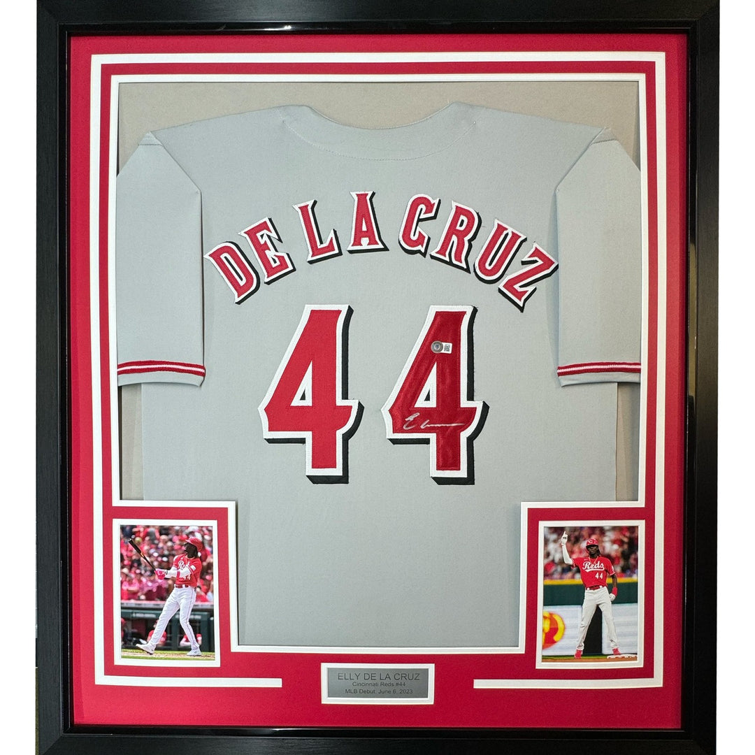 Framed Autographed/Signed Elly De La Cruz 33x42 Cincinnati Grey Jersey COA