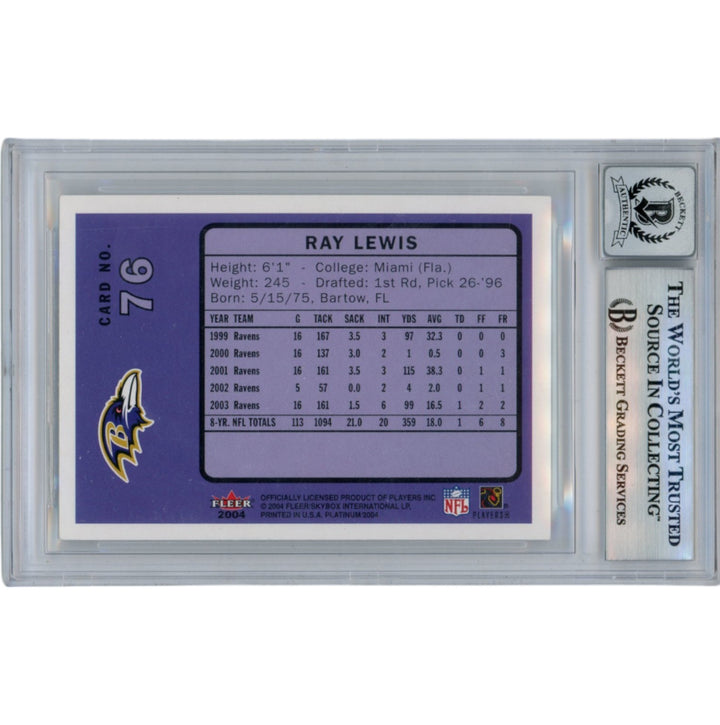 Ray Lewis Autographed 2004 Fleer Platinum #76 Slabbed Trading Card Beckett 50022