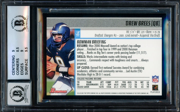 Drew Brees Signed 2001 Bowman RC 164 Chargers BGS 9 Auto GM 10 Beckett #15681834