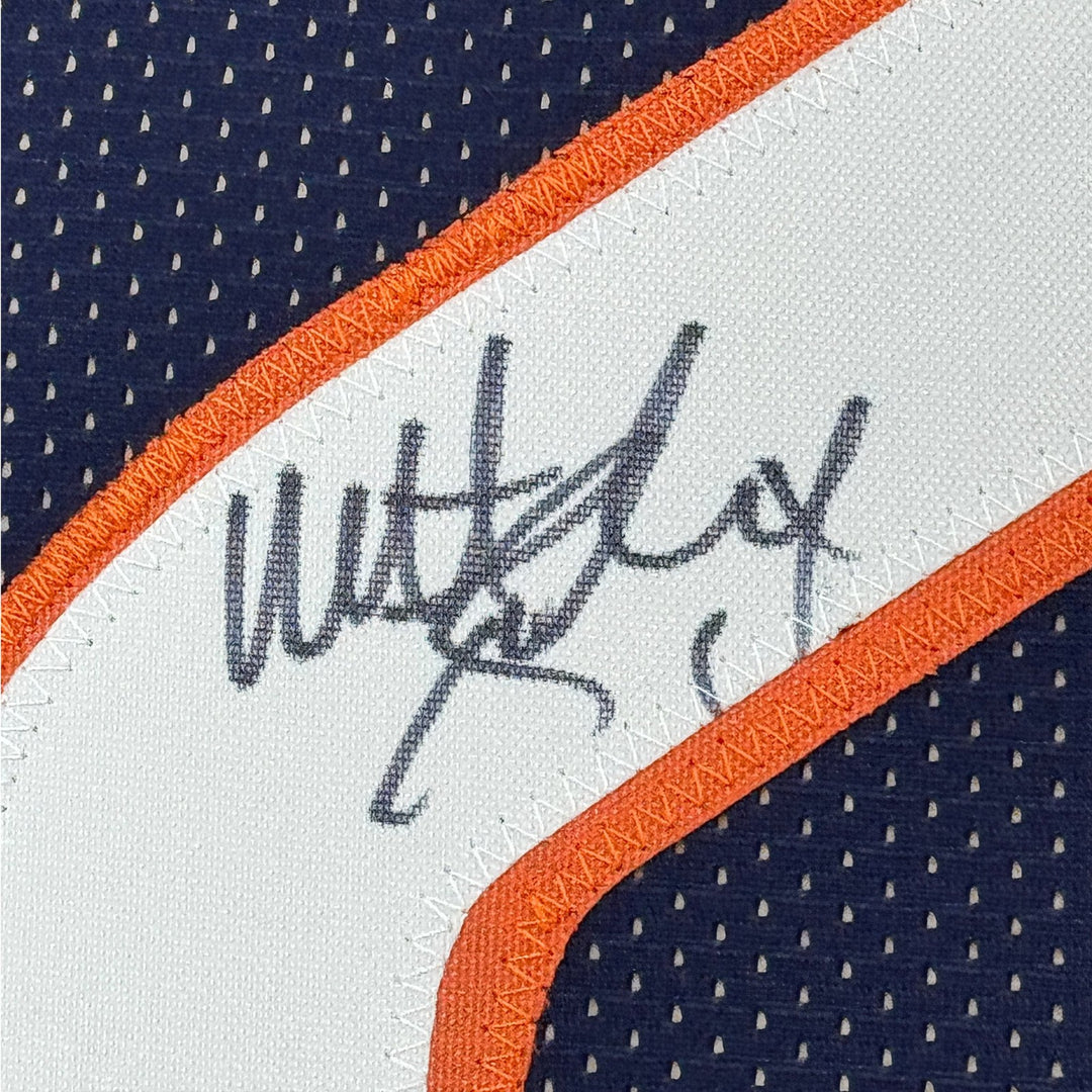 Framed Autographed/Signed Matt Suhey Chicago 35x39 Blue Jersey JSA COA