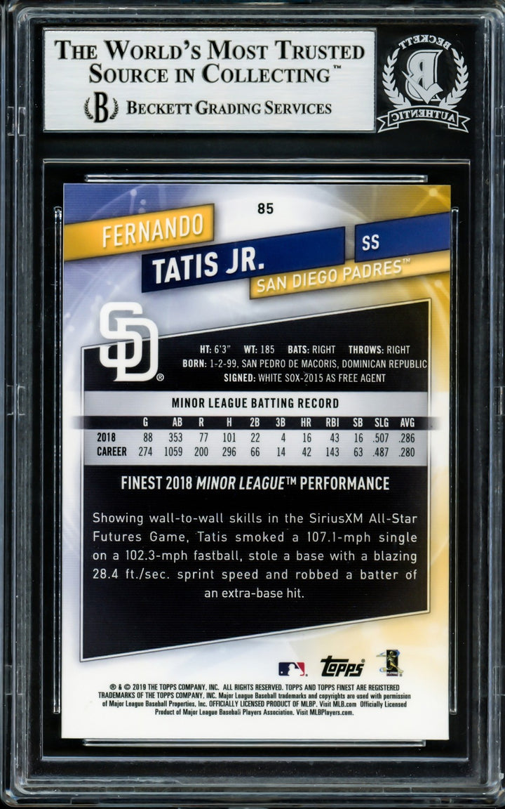 Fernando Tatis Jr. Signed 2019 Topps Finest RC 85 San Diego Padres Beckett