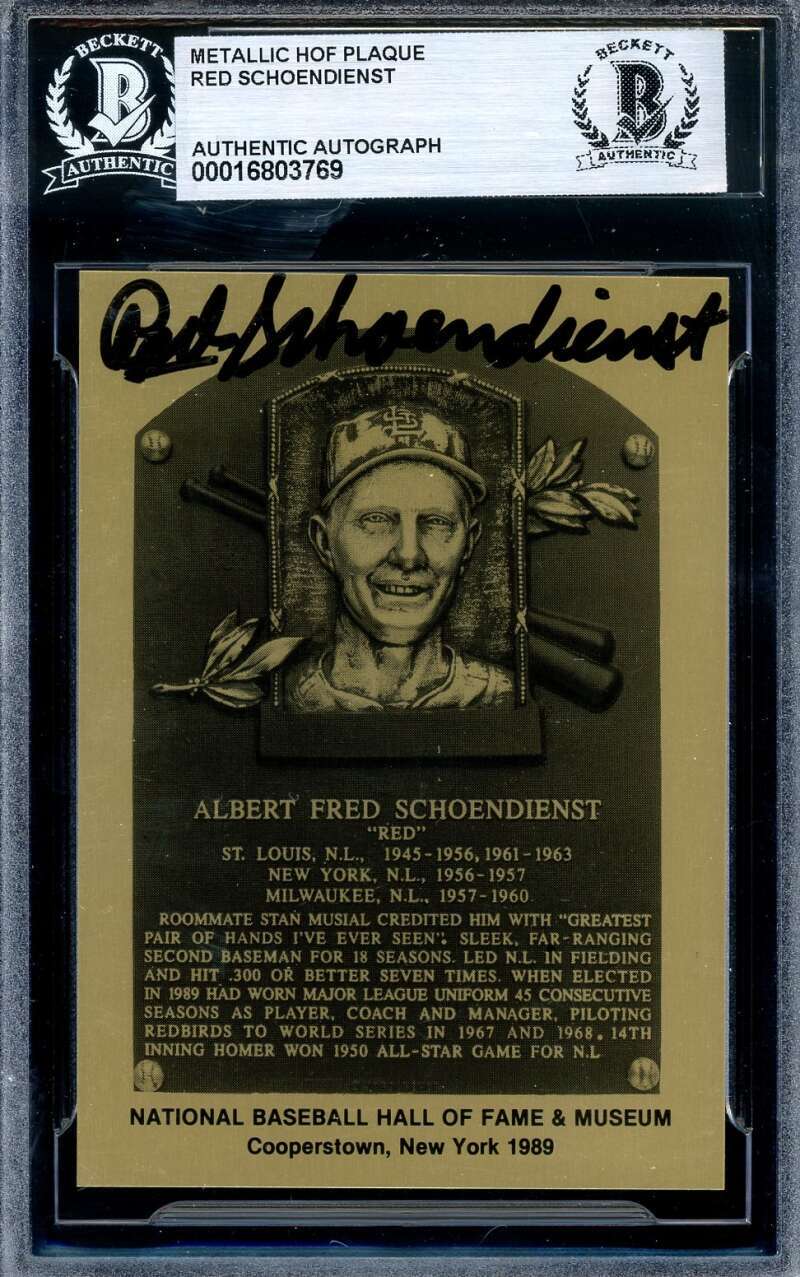 Red Schoendienst Beckett BAS Signed Gold Metallic Hall of Fame Plaque Autograph