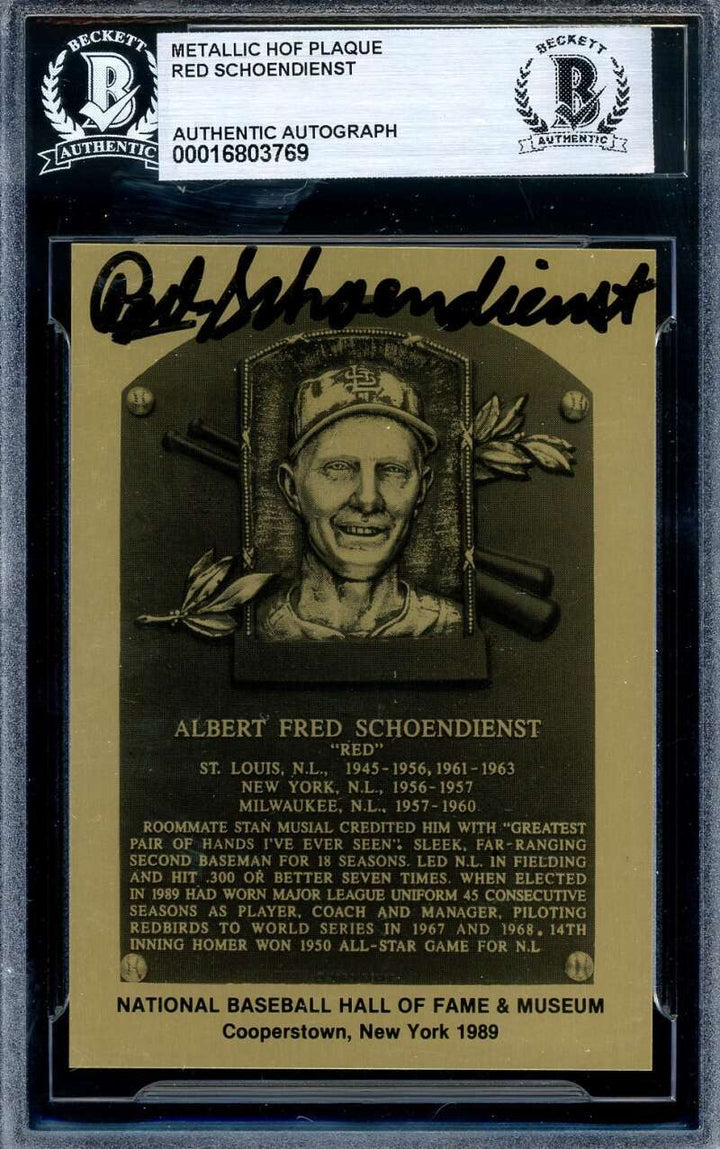 Red Schoendienst Beckett BAS Signed Gold Metallic Hall of Fame Plaque Autograph