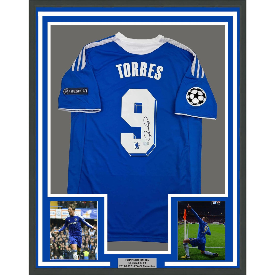 Framed Autographed/Signed Fernando Torres 35x39 Chelsea FC Blue Jersey COA