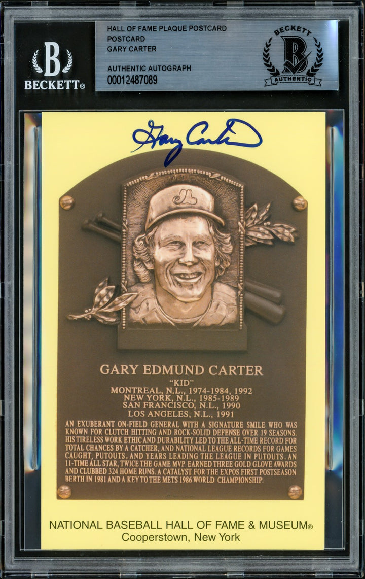 Gary Carter Signed HOF Plaque Postcard Expos, Mets Beckett BAS
