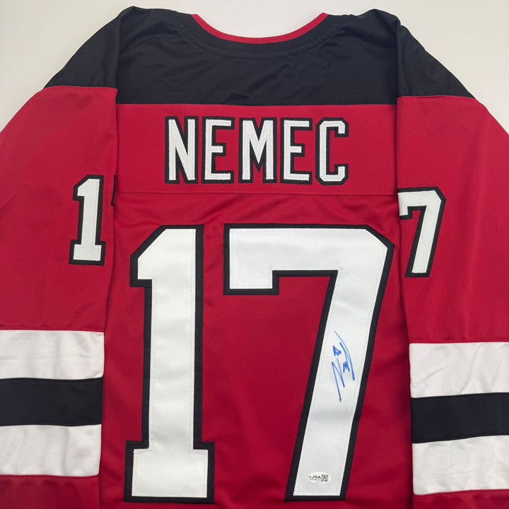 Autographed/Signed Simon Nemec New Jersey NJ Red Hockey Jersey JSA COA