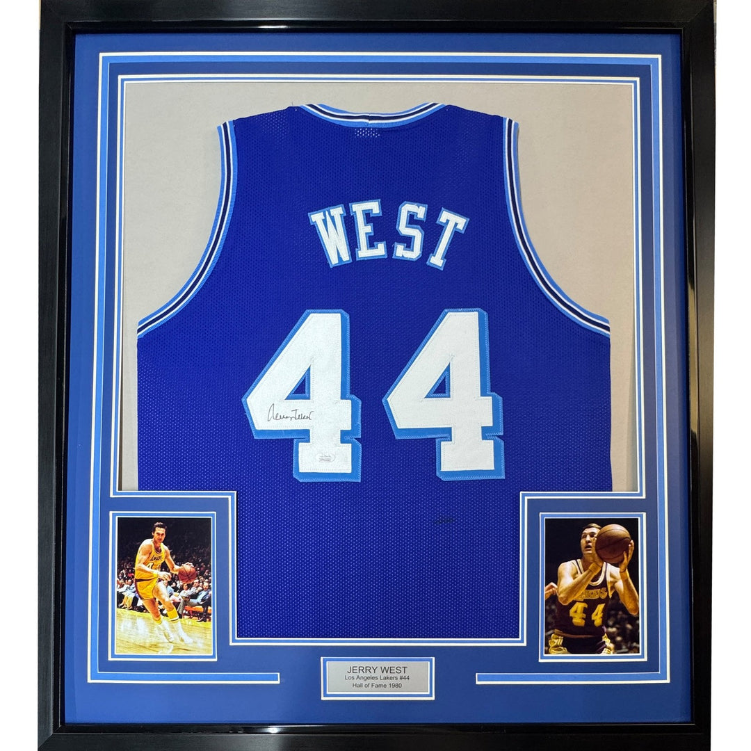 FRAMED Signed JERRY WEST 35x39 Los Angeles Blue Retro Jersey JSA COA