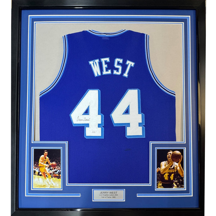 FRAMED Signed JERRY WEST 35x39 Los Angeles Blue Retro Jersey JSA COA