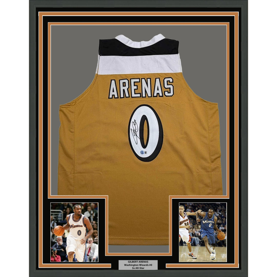 Framed Autographed/Signed Gilbert Arenas 35x39 Washington Gold Jersey COA