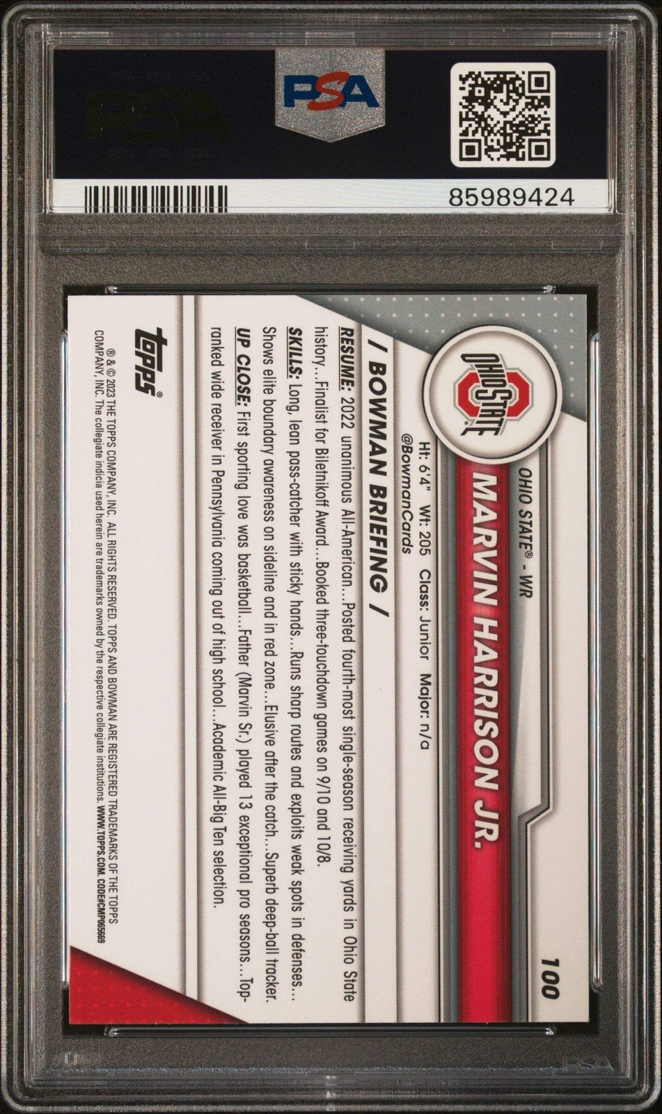 Graded 2023 Bowman U Chrome Marvin Harrison Jr #100 RC Football Card PSA 10