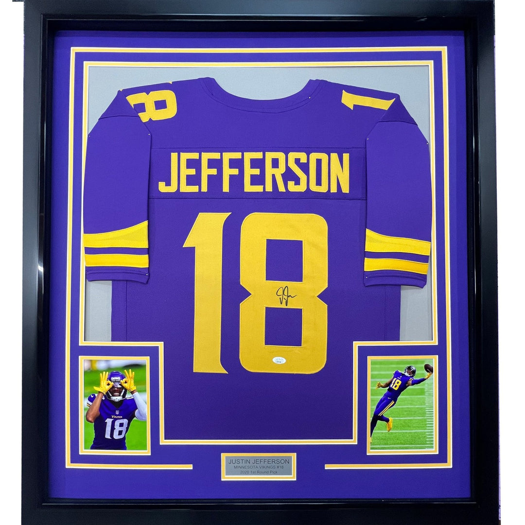 Framed Autographed/Signed Justin Jefferson 35x39 Color Rush Jersey JSA COA