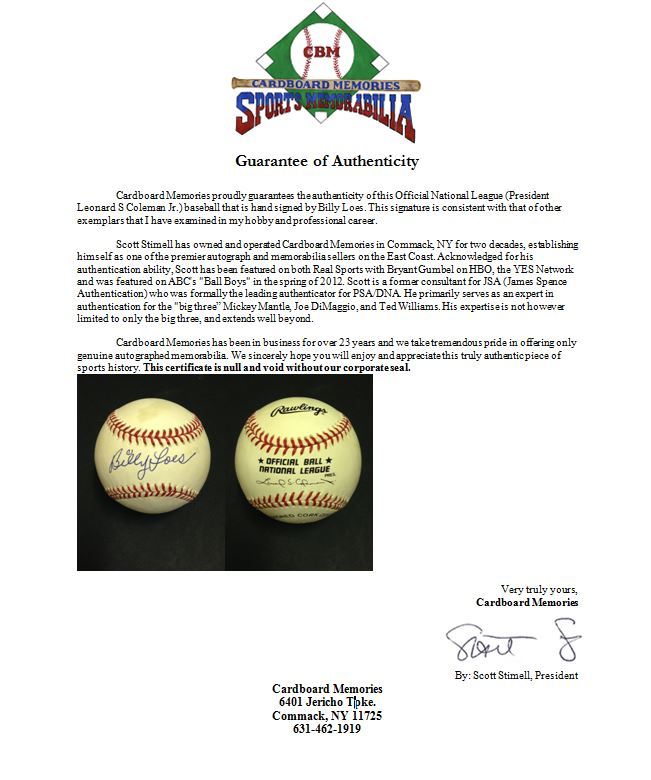 Billy Loes signed official NL Baseball Brooklyn Dodgers mint auto 1955 WS Coa