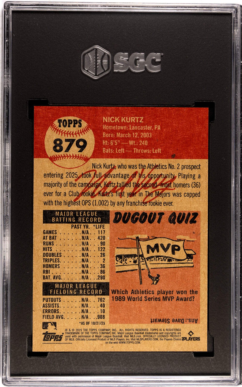 Graded 2025 Topps Living Nick Kurtz #879 Rookie RC Baseball Card SGC 10 Gem Mint