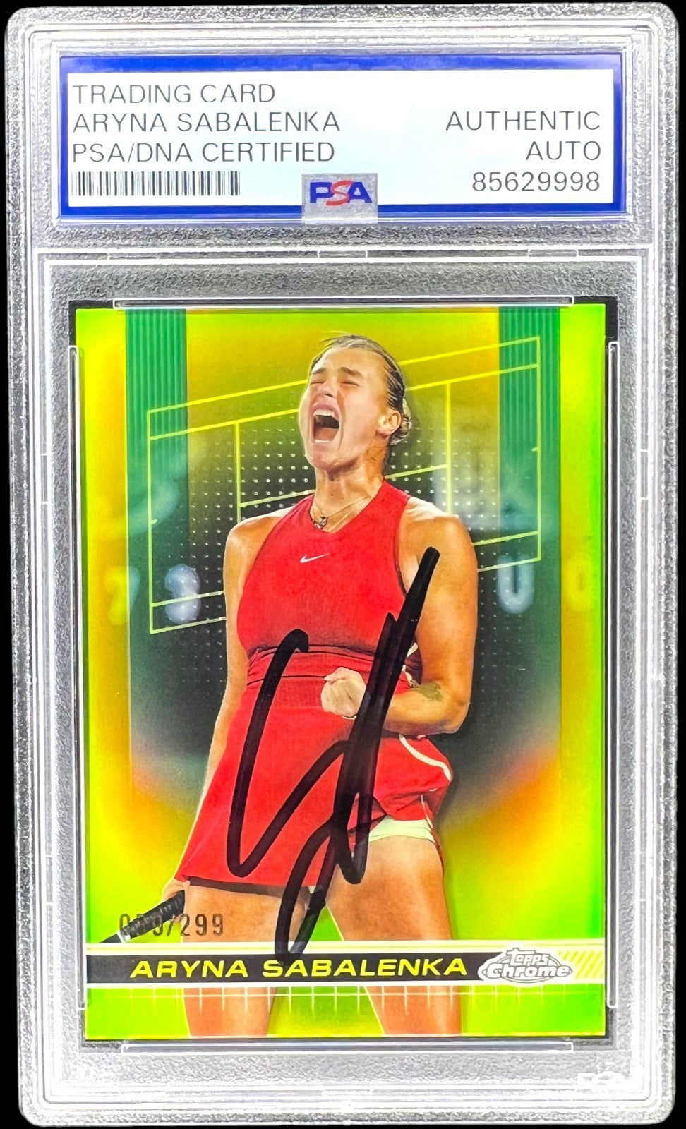 2024 TOPPS CHROME #21 LIME GREEN REFRACTOR ARYNA SABALENKA SIGNED /299 AUTO PSA