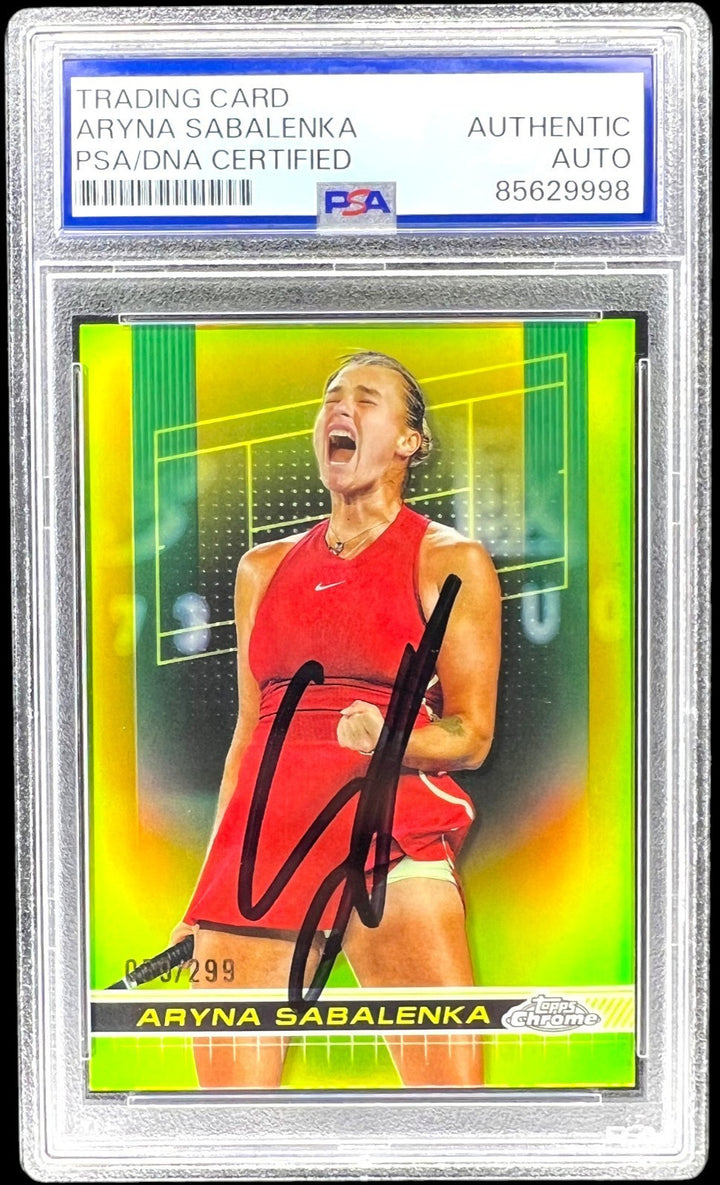 2024 TOPPS CHROME #21 LIME GREEN REFRACTOR ARYNA SABALENKA SIGNED /299 AUTO PSA