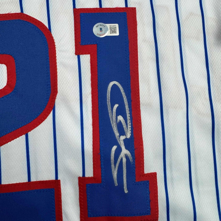 Autographed/Signed Sammy Sosa Chicago Pinstripe Jersey Beckett BAS COA
