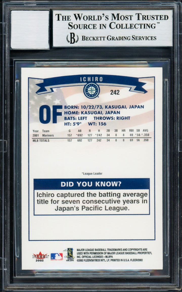 Ichiro Suzuki Signed 2002 Fleer Card 242 Seattle Mariners Auto GM 10 Beckett
