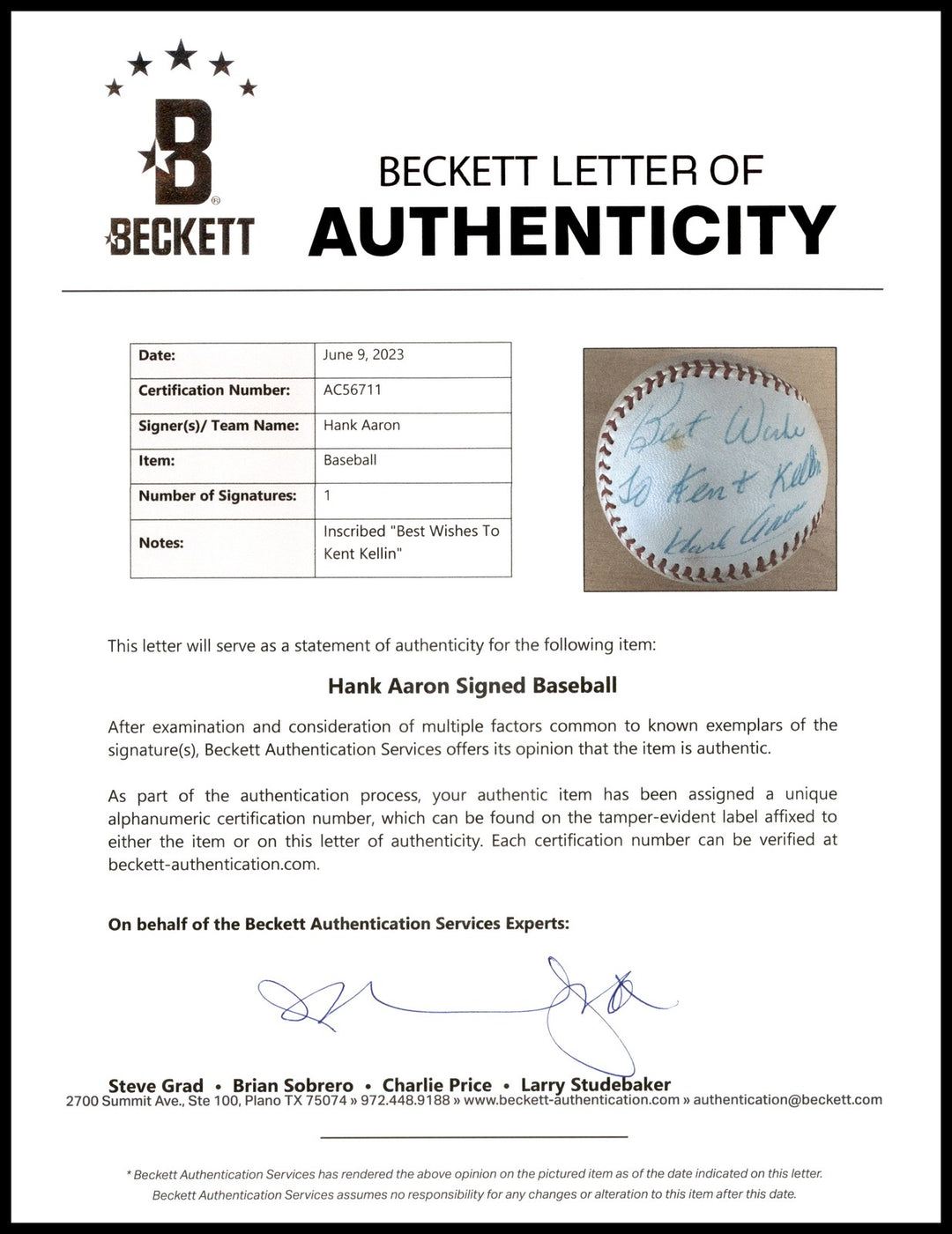 Hank Aaron Signed Wilson MLB Baseball Braves Vintage Signature Beckett