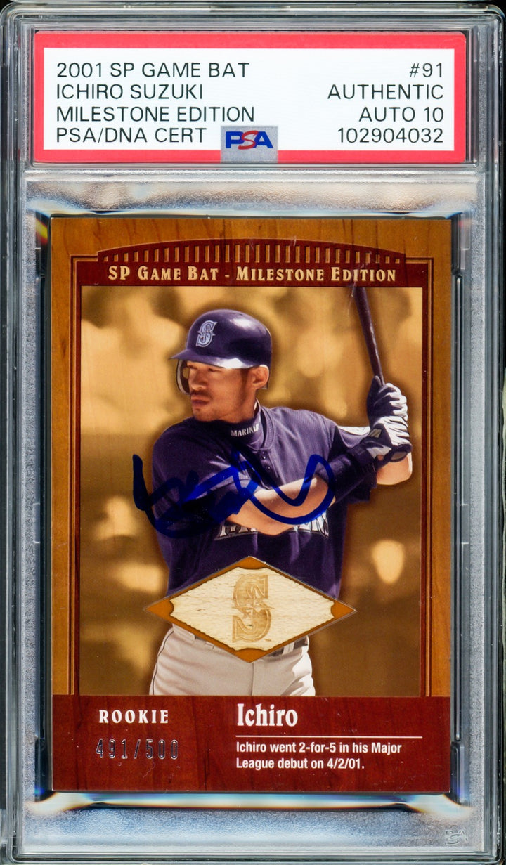 Ichiro Suzuki Auto 2001 SP Game Bat RC 91 Sig 10 Milestone Edition #/500 PSA/DNA