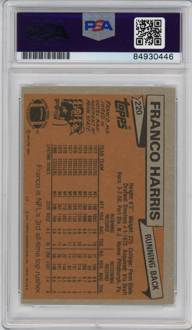 1981 Topps Franco Harris Signed  PSA Authentic Autograph Pittsburgh Steelers