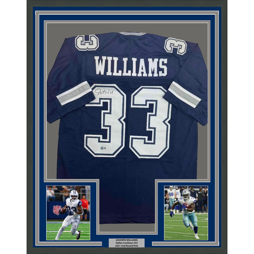 Framed Autographed/Signed Javonte Williams 35x39 Dallas Blue Jersey BAS COA