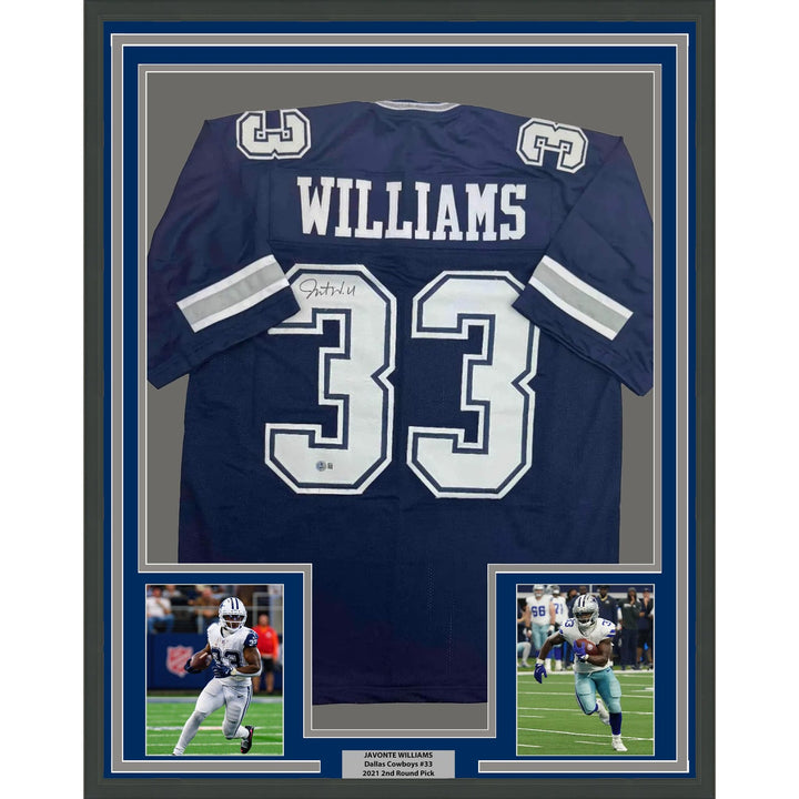 Framed Autographed/Signed Javonte Williams 35x39 Dallas Blue Jersey BAS COA