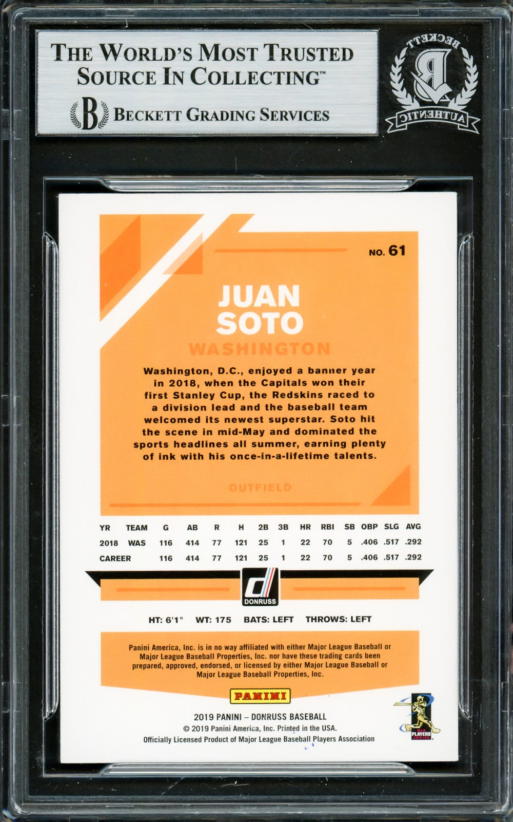 Juan Soto Autographed Signed 2019 Donruss Card 61 New York Mets Beckett