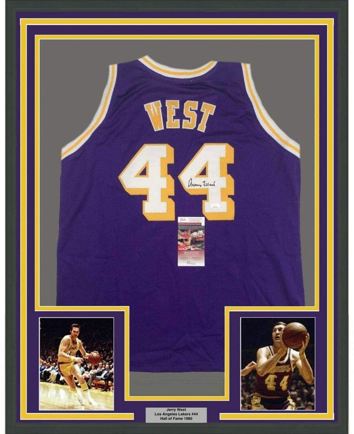 FRAMED Signed JERRY WEST 35x39 Los Angeles Purple Jersey JSA COA