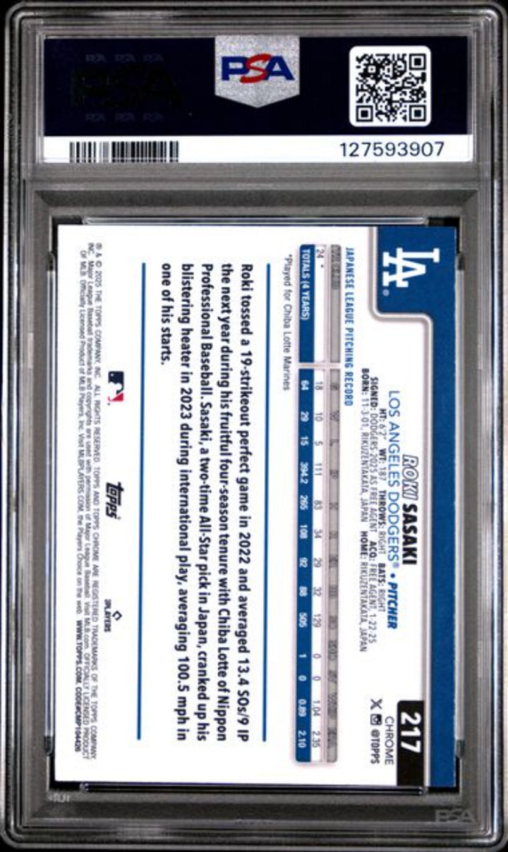 Graded 2025 Topps Chrome Roki Sasaki #217 Raywave Rookie RC Baseball Card PSA 10