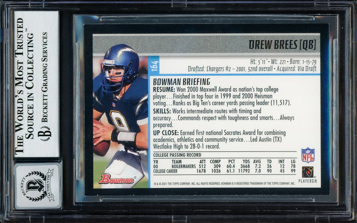 Drew Brees Signed 2001 Bowman RC 164 San Diego Chargers Auto GM 10 Beckett