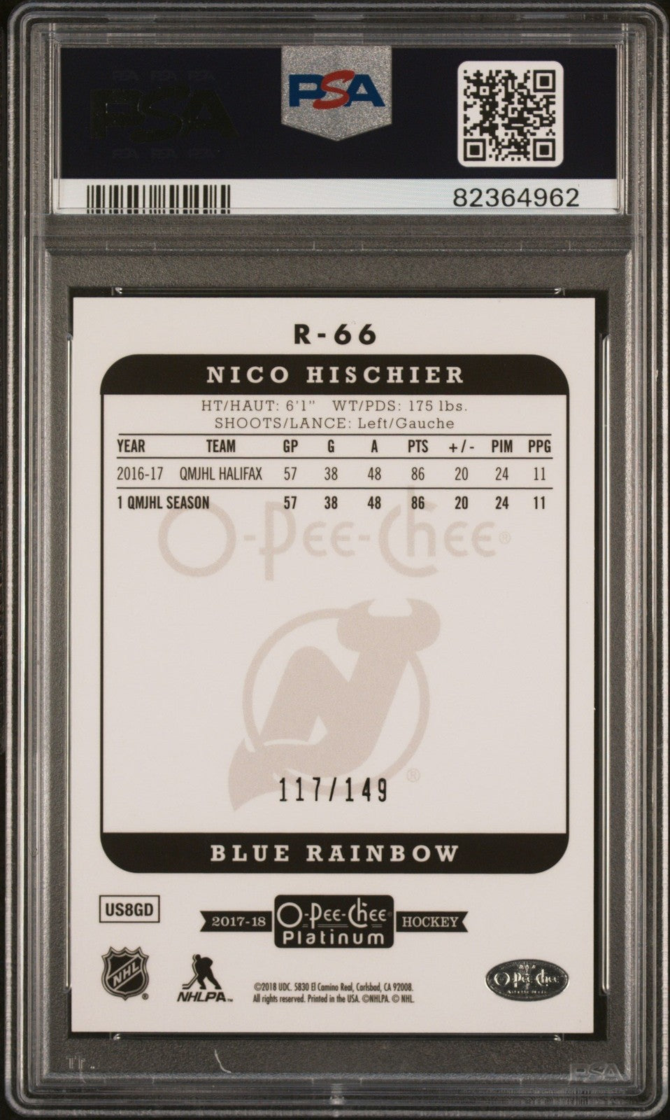 Graded 2017 UD Plat Nico Hischier #R66 Ret-Blue Rainbow #/149 Card PSA 10