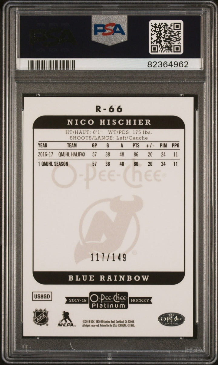 Graded 2017 UD Plat Nico Hischier #R66 Ret-Blue Rainbow #/149 Card PSA 10